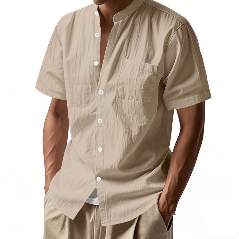 Clothes > Men's Clothing > Tops > T-Shirts  Summer Men's Loose Short Sleeve Stand Collar Linen Shirt T-Shirt S-3XL