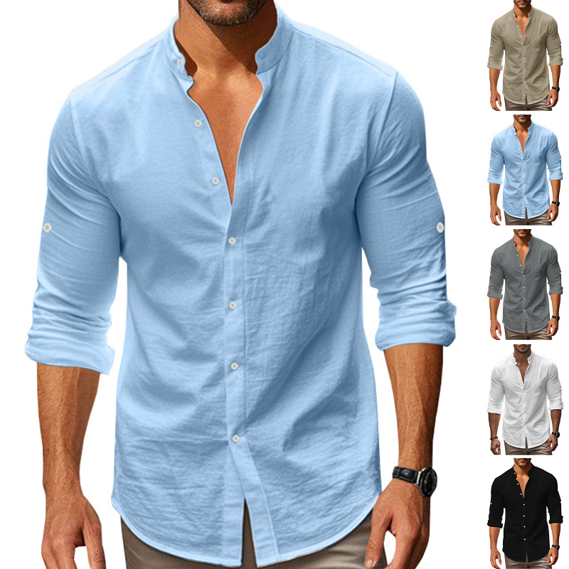 Clothes > Men's Clothing > Tops > Shirts Men's Hawaiian Style Long Sleeve Cotton Linen Shirt with Stand Collar