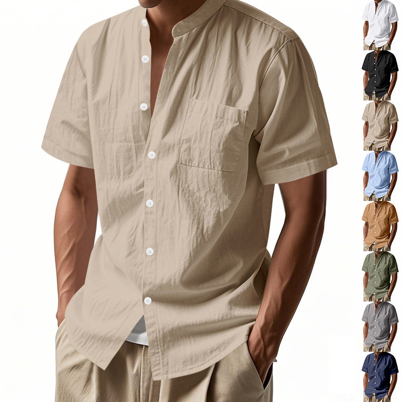 Clothes > Men's Clothing > Tops > T-Shirts  Summer Men's Loose Short Sleeve Stand Collar Linen Shirt T-Shirt S-3XL