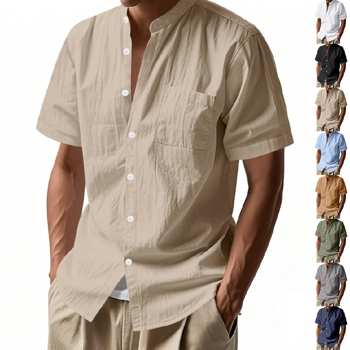 Clothes > Men's Clothing > Tops > T-Shirts  Summer Men's Loose Short Sleeve Stand Collar Linen Shirt T-Shirt S-3XL