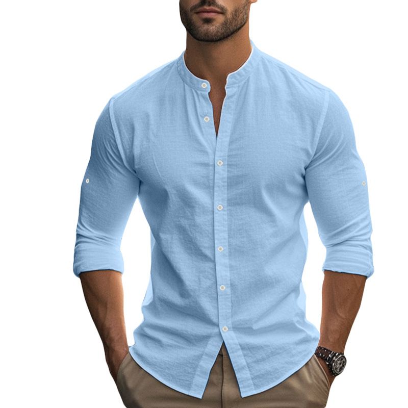 Clothes > Men's Clothing > Tops > Shirts Men's Hawaiian Style Long Sleeve Cotton Linen Shirt with Stand Collar
