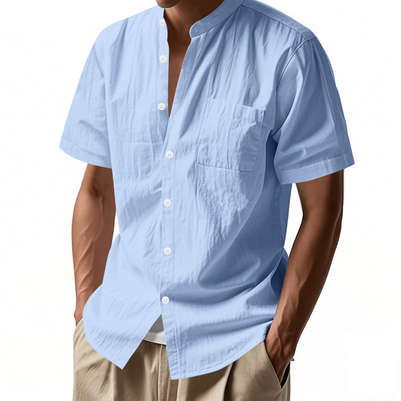 Clothes > Men's Clothing > Tops > T-Shirts  Summer Men's Loose Short Sleeve Stand Collar Linen Shirt T-Shirt S-3XL