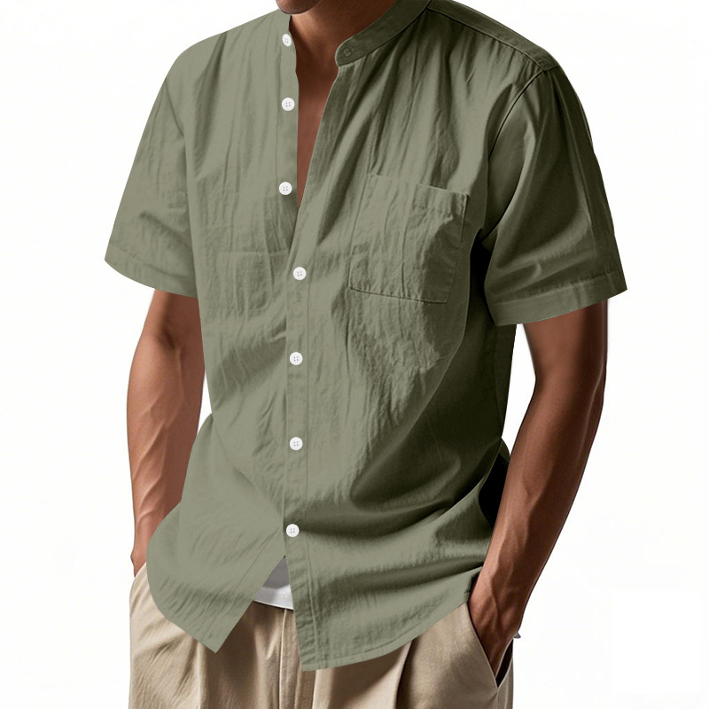 Clothes > Men's Clothing > Tops > T-Shirts  Summer Men's Loose Short Sleeve Stand Collar Linen Shirt T-Shirt S-3XL