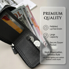 Men Short Wallets Zipper Business Billfold Horizontal Wallet Credit Card Holder-Black