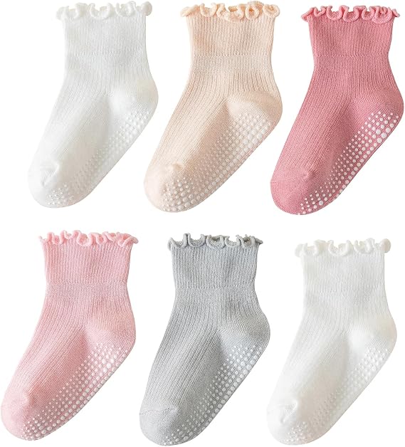 6 Pairs Toddler Socks Ruffle for Girls Baby Grip Socks Non Slip Cute Frill
