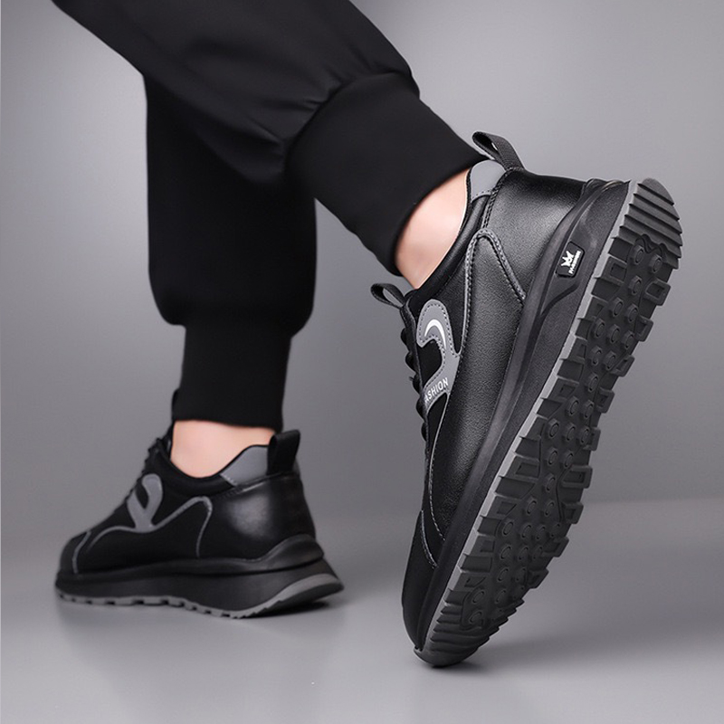 Freyr size 41-44 Men's casual PU artificial leather running single shoes sneakers students athletic sports Black shoes