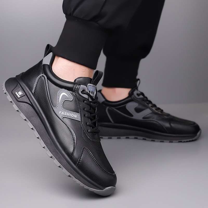 Freyr size 41-44 Men's casual PU artificial leather running single shoes sneakers students athletic sports Black shoes