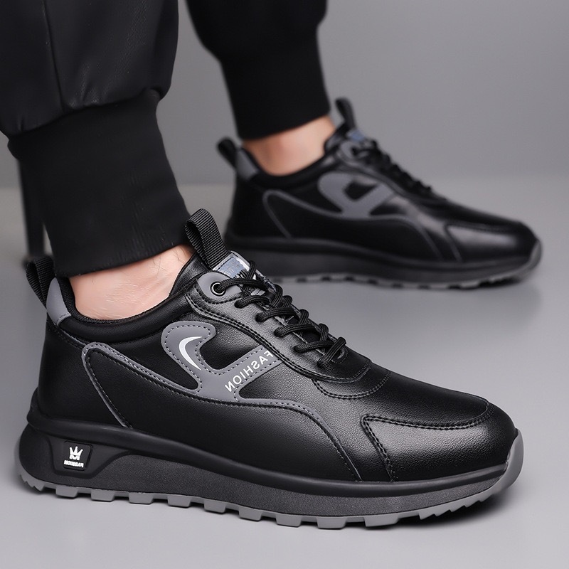 Freyr size 41-44 Men's casual PU artificial leather running single shoes sneakers students athletic sports Black shoes