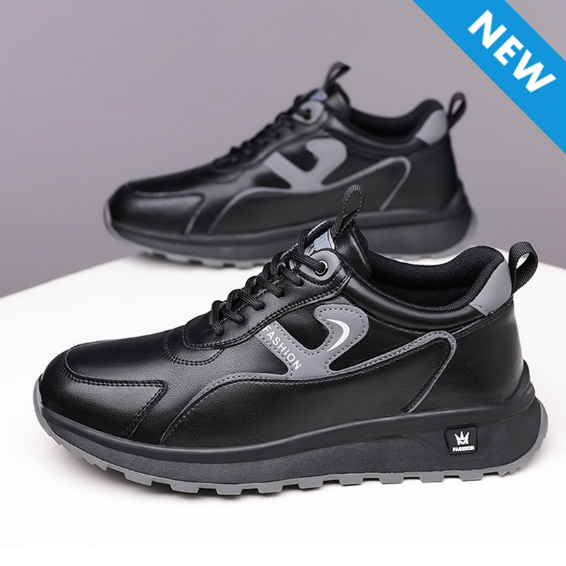 Freyr size 41-44 Men's casual PU artificial leather running single shoes sneakers students athletic sports Black shoes