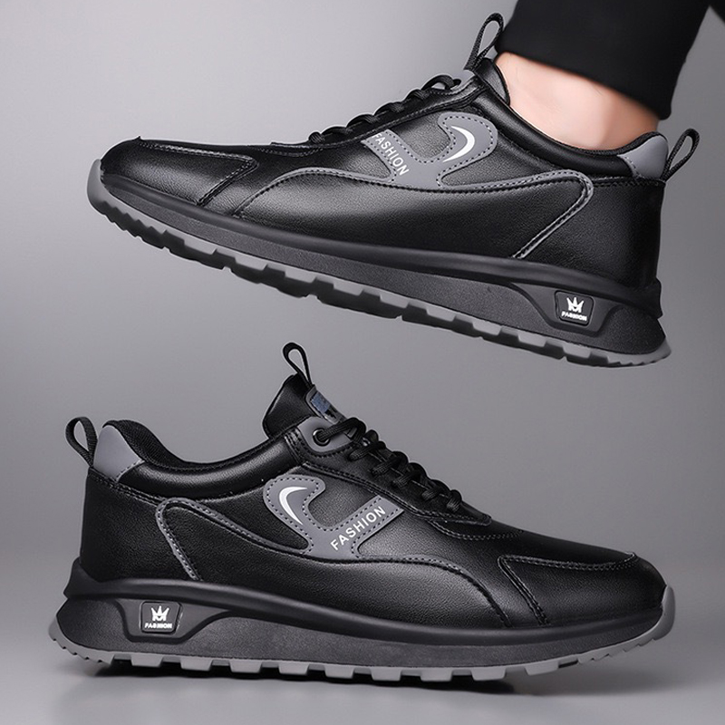Freyr size 41-44 Men's casual PU artificial leather running single shoes sneakers students athletic sports Black shoes