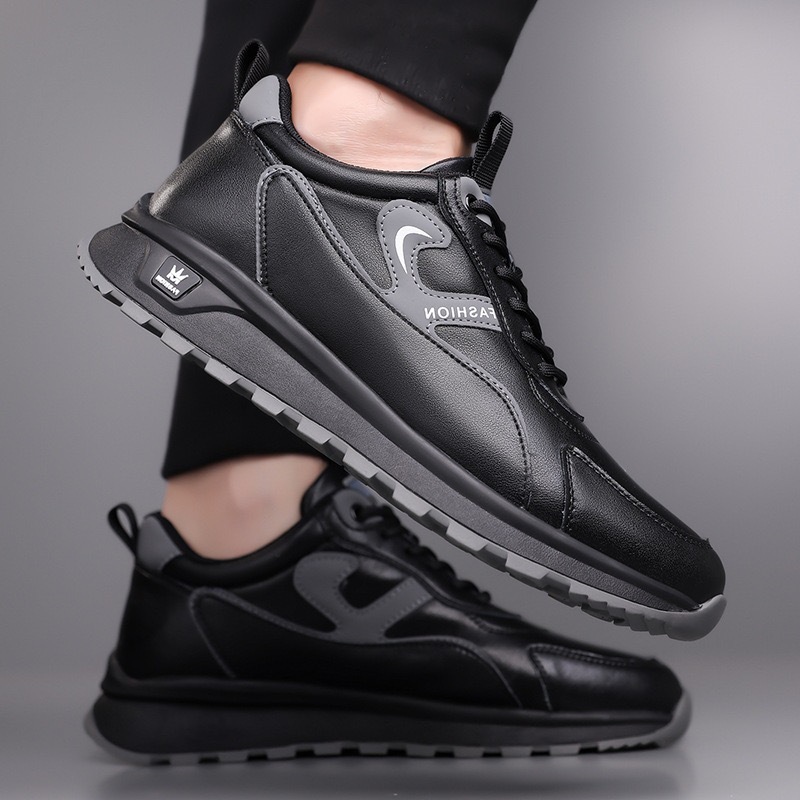 Freyr size 41-44 Men's casual PU artificial leather running single shoes sneakers students athletic sports Black shoes