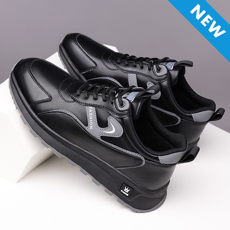 Freyr size 41-44 Men's casual PU artificial leather running single shoes sneakers students athletic sports Black shoes