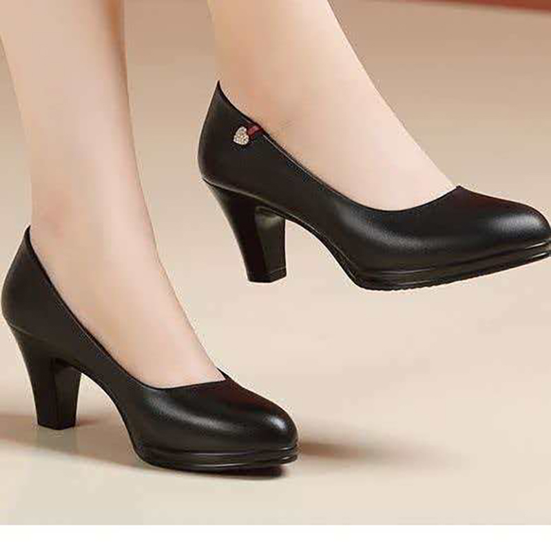 Freyr Large size 38-42 women's PU artificial leather work black  heels shoes ladies single shoes girls' soft soled work Shoes