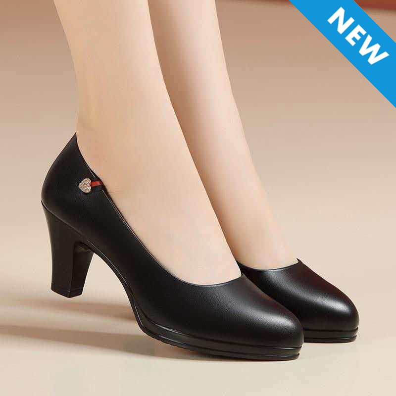 Freyr Large size 38-42 women's PU artificial leather work black  heels shoes ladies single shoes girls' soft soled work Shoes