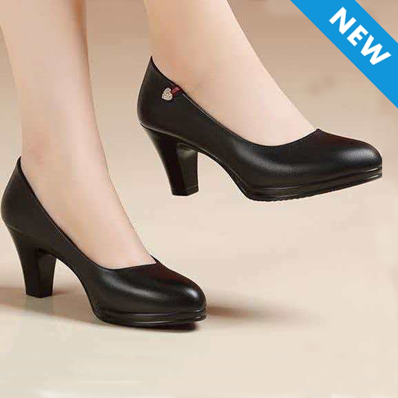 Freyr Large size 38-42 women's PU artificial leather work black  heels shoes ladies single shoes girls' soft soled work Shoes