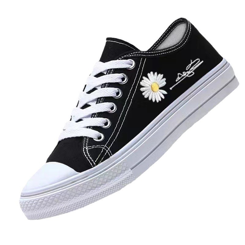 Freyr Women's black cloth shoes ladies fashion single shoes girls flats casual sports shoes students loafers canvas shoes driving  running Lace-up shoes black+white