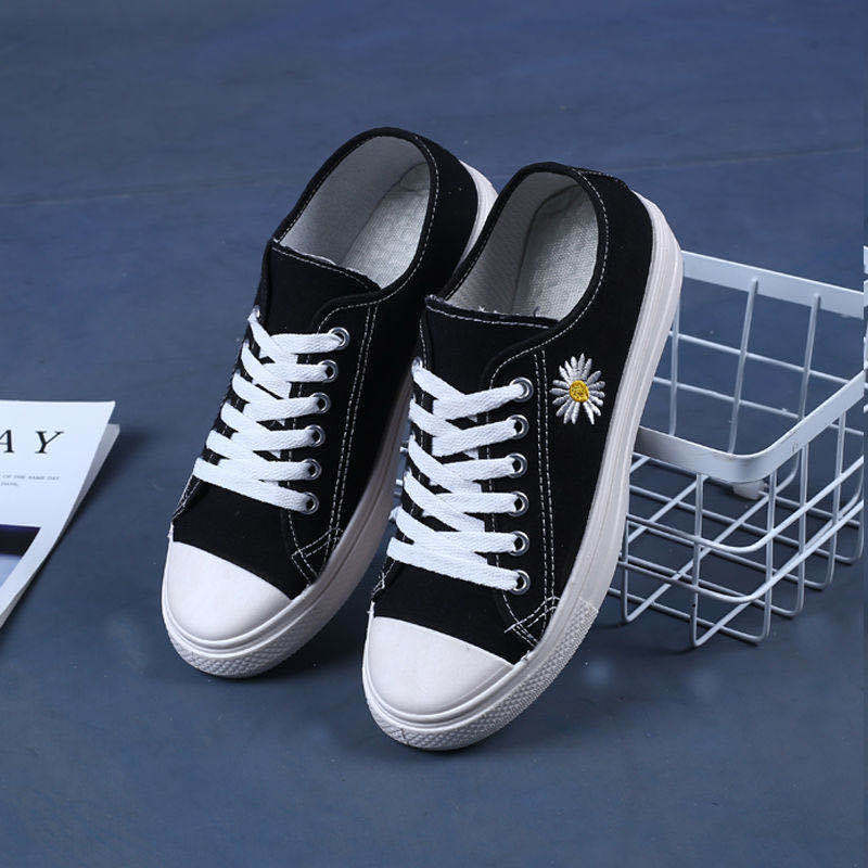 Freyr Women's black cloth shoes ladies fashion single shoes girls flats casual sports shoes students loafers canvas shoes driving  running Lace-up shoes black+white