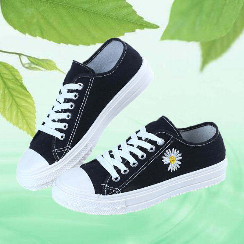 Freyr Women's black cloth shoes ladies fashion single shoes girls flats casual sports shoes students loafers canvas shoes driving  running Lace-up shoes black+white