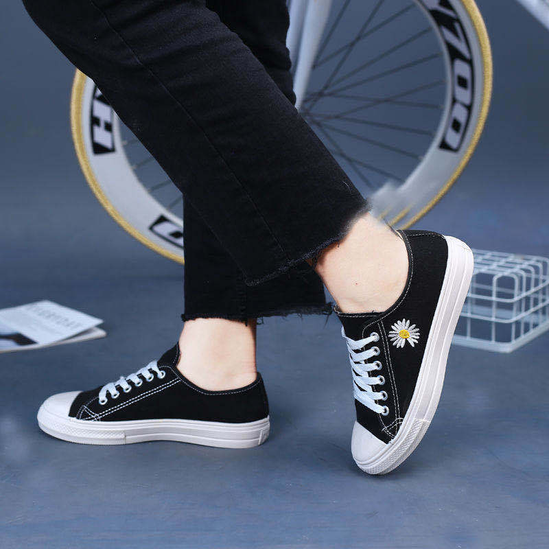 Freyr Women's black cloth shoes ladies fashion single shoes girls flats casual sports shoes students loafers canvas shoes driving  running Lace-up shoes black+white