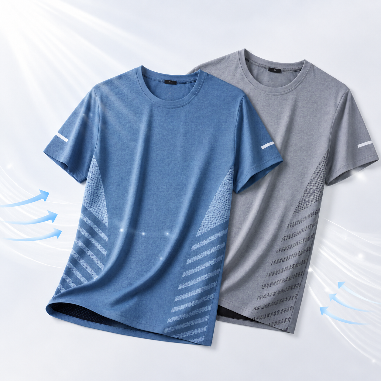 Freyr 2PC Blue + gray men's clothing ice silk short-sleeved T-shirt Boys thin quick-drying mesh sports fitness round neck tops casual stretch clothes