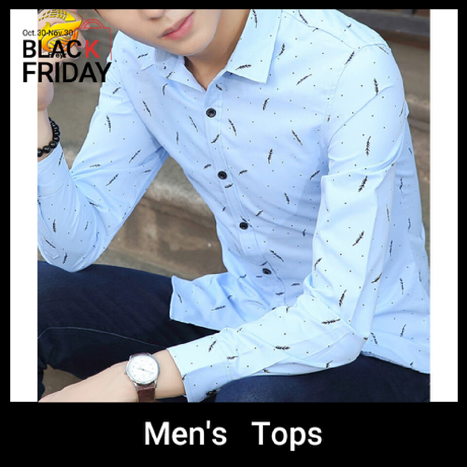 Freyr Men’s Clothes Shirts Slim Long Sleeve Shirts business shirt Boys Feather Printed Classic square collar simple shirts Students Clothes