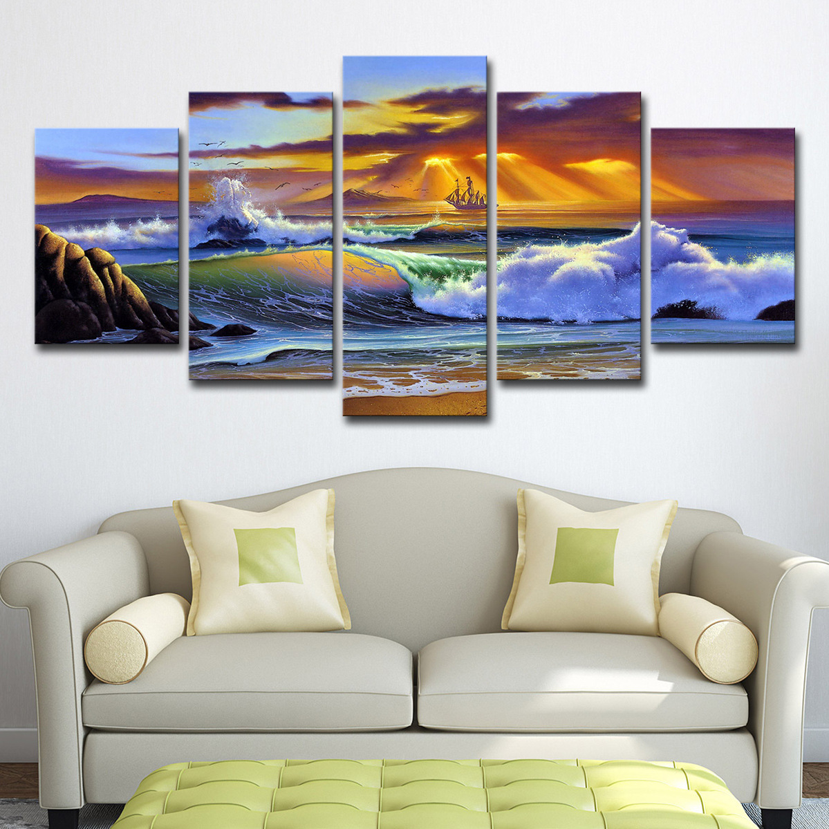 5 Piece Picture Canvas Wall Art,Painting Frameless Canvas Sea view sunset Prints for Living Room, Ready to Hang Only canvas painting, no frame