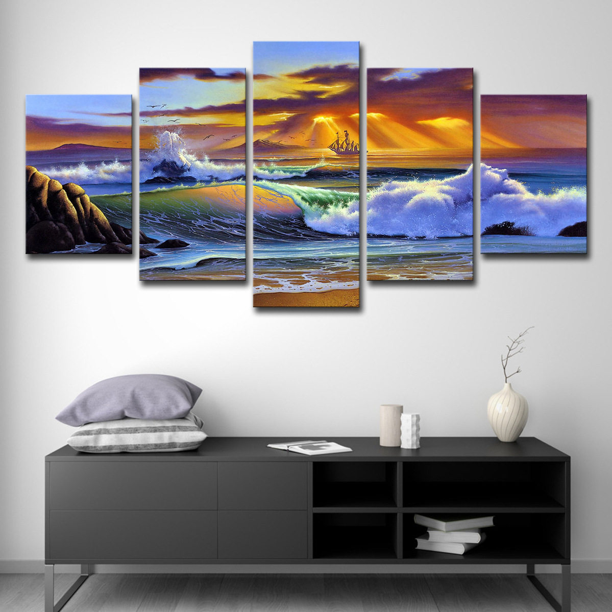 5 Piece Picture Canvas Wall Art,Painting Frameless Canvas Sea view sunset Prints for Living Room, Ready to Hang Only canvas painting, no frame