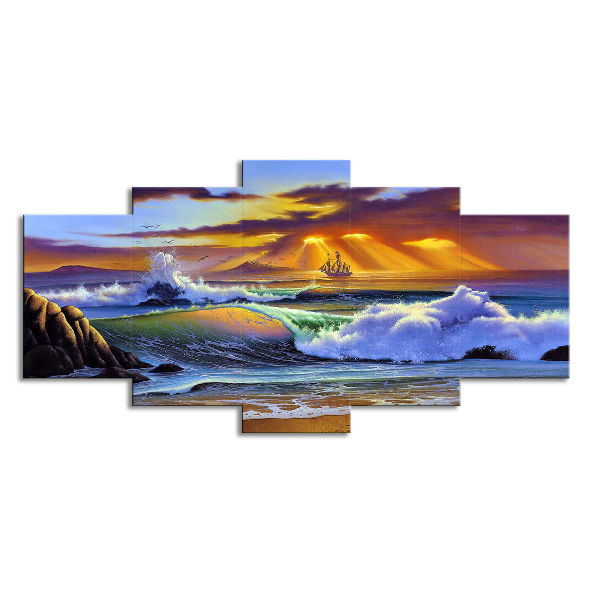 5 Piece Picture Canvas Wall Art,Painting Frameless Canvas Sea view sunset Prints for Living Room, Ready to Hang Only canvas painting, no frame