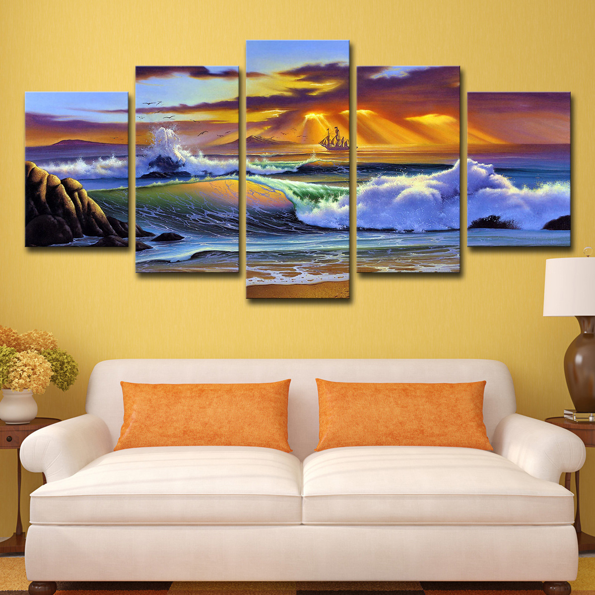 5 Piece Picture Canvas Wall Art,Painting Frameless Canvas Sea view sunset Prints for Living Room, Ready to Hang Only canvas painting, no frame