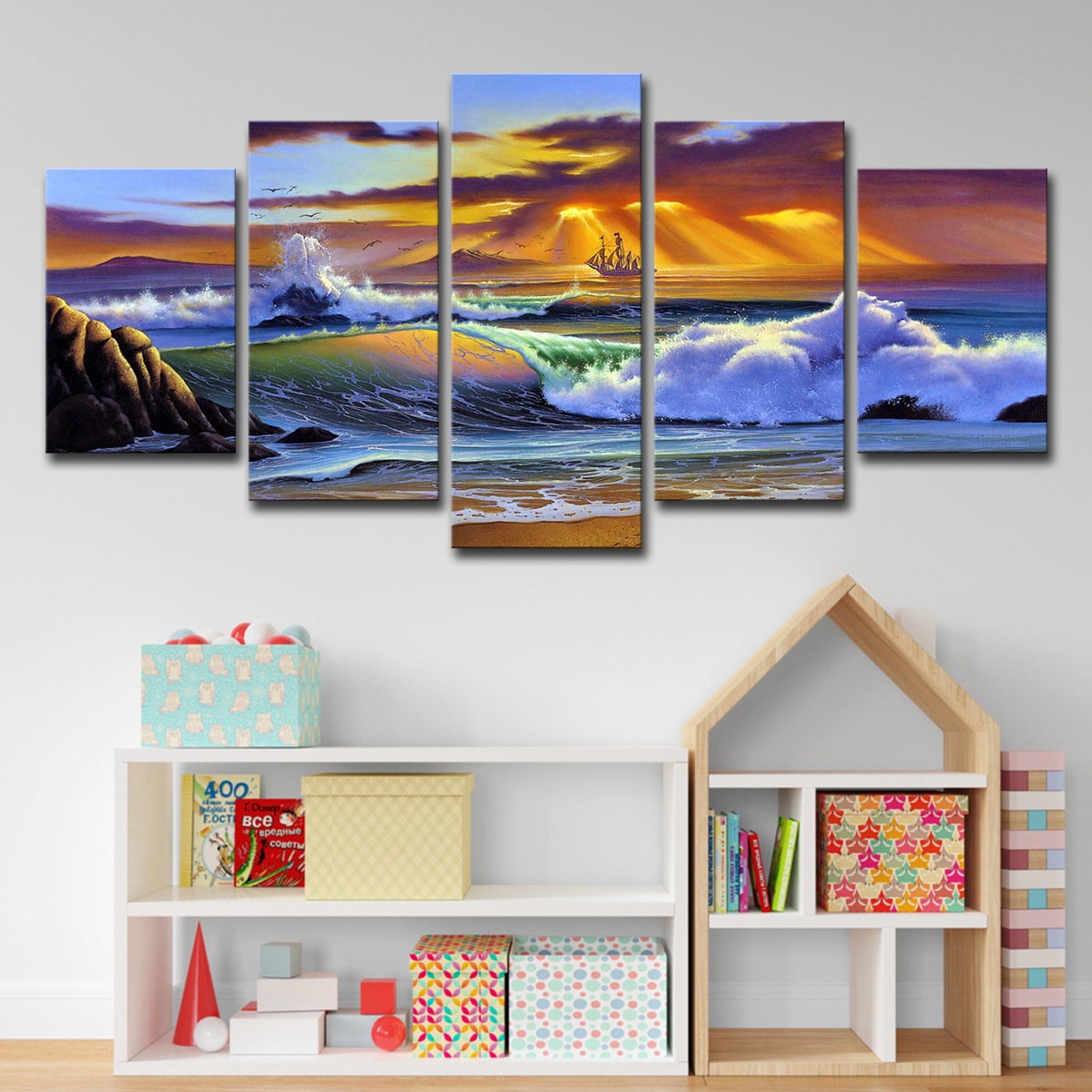 5 Piece Picture Canvas Wall Art,Painting Frameless Canvas Sea view sunset Prints for Living Room, Ready to Hang Only canvas painting, no frame