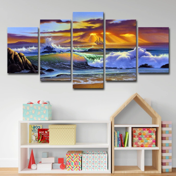 5 Piece Picture Canvas Wall Art,Painting Frameless Canvas Sea view sunset Prints for Living Room, Ready to Hang Only canvas painting, no frame