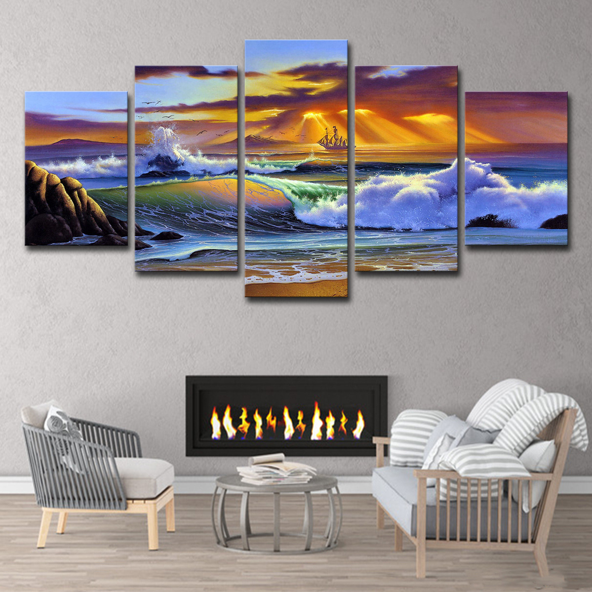 5 Piece Picture Canvas Wall Art,Painting Frameless Canvas Sea view sunset Prints for Living Room, Ready to Hang Only canvas painting, no frame