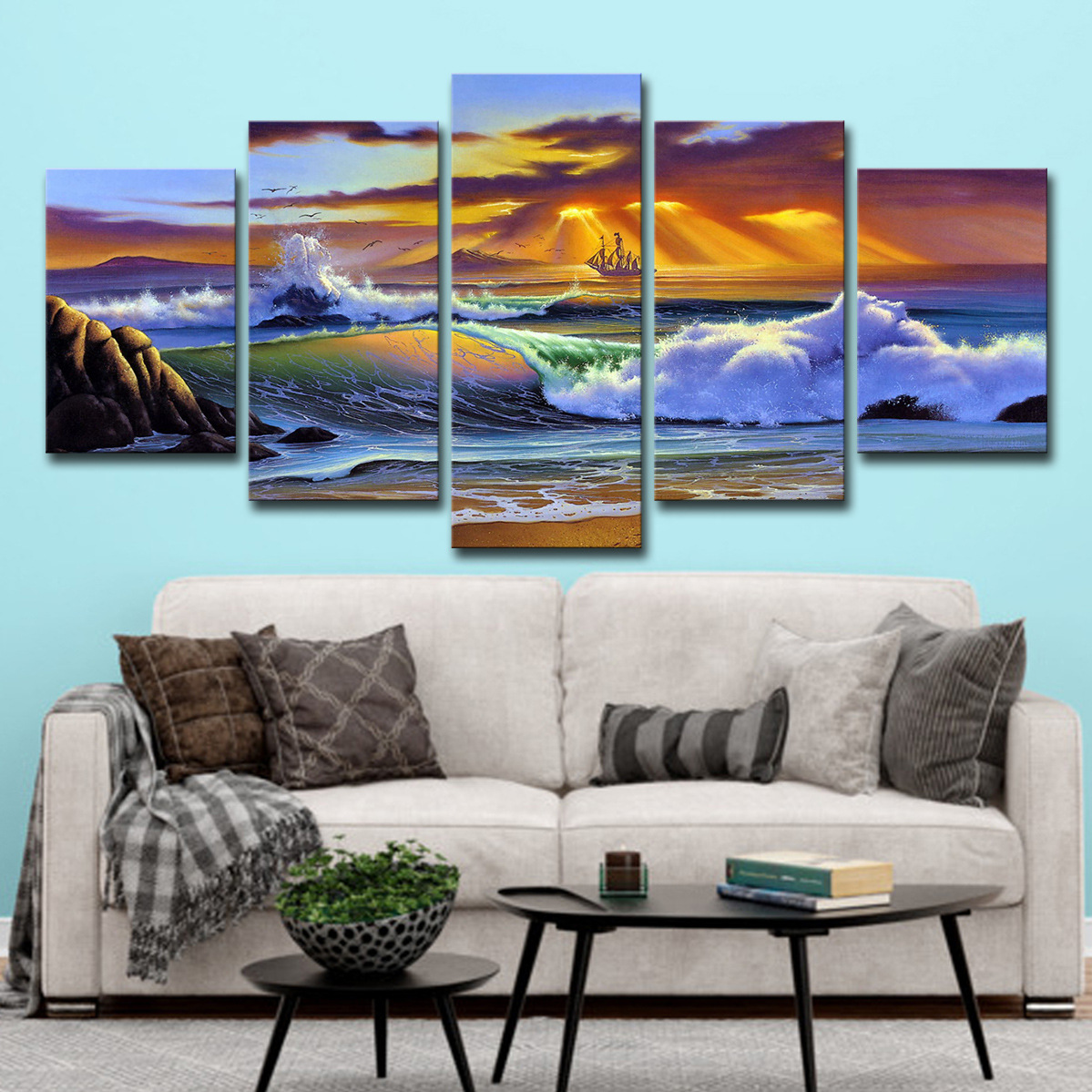 5 Piece Picture Canvas Wall Art,Painting Frameless Canvas Sea view sunset Prints for Living Room, Ready to Hang Only canvas painting, no frame