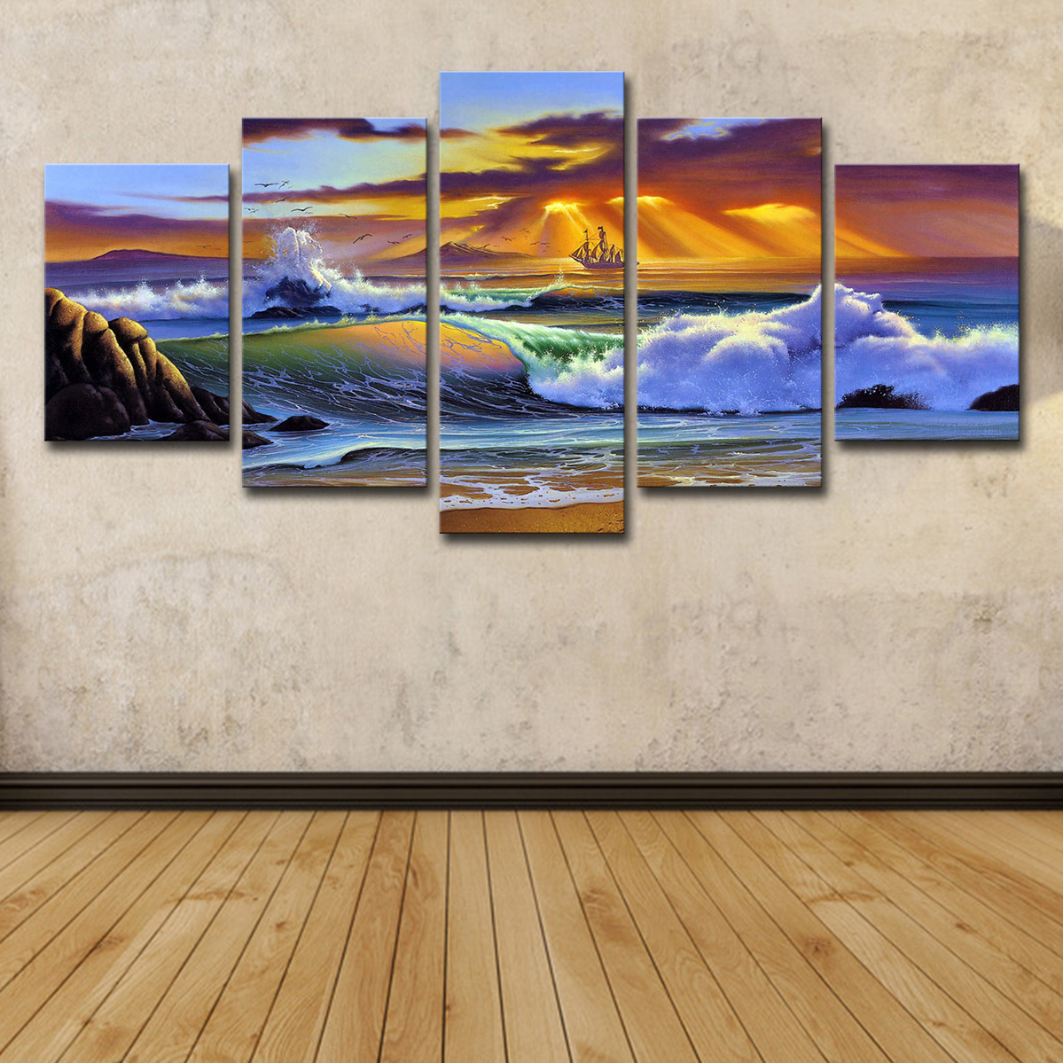 5 Piece Picture Canvas Wall Art,Painting Frameless Canvas Sea view sunset Prints for Living Room, Ready to Hang Only canvas painting, no frame