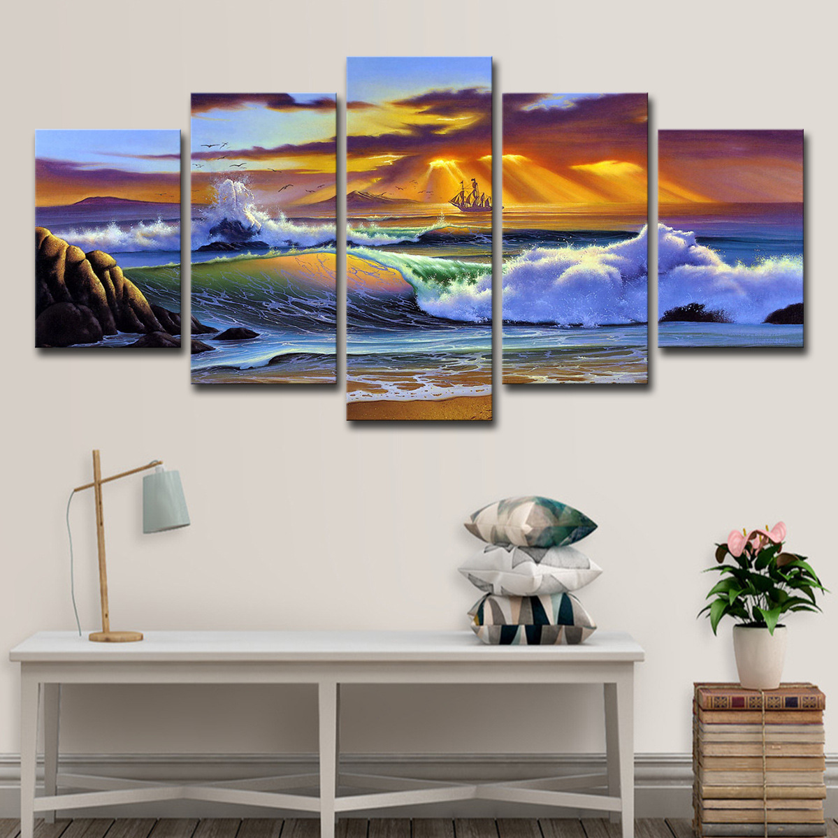 5 Piece Picture Canvas Wall Art,Painting Frameless Canvas Sea view sunset Prints for Living Room, Ready to Hang Only canvas painting, no frame