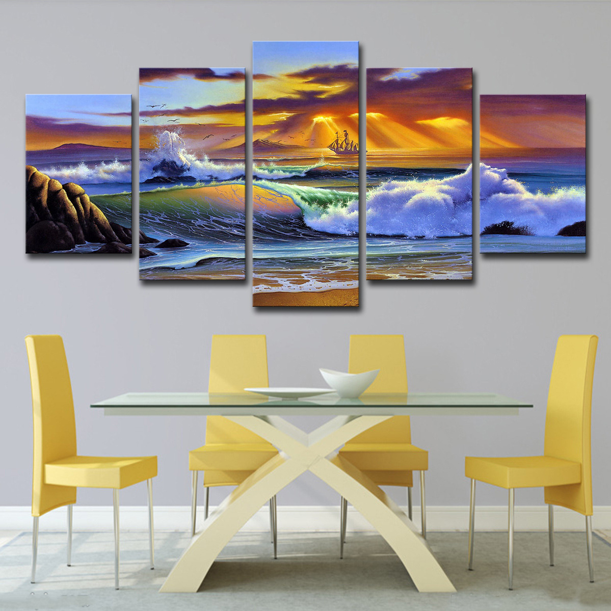 5 Piece Picture Canvas Wall Art,Painting Frameless Canvas Sea view sunset Prints for Living Room, Ready to Hang Only canvas painting, no frame