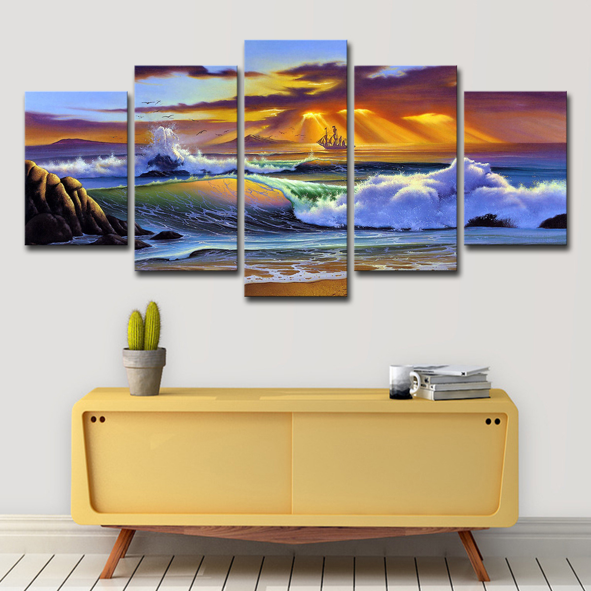 5 Piece Picture Canvas Wall Art,Painting Frameless Canvas Sea view sunset Prints for Living Room, Ready to Hang Only canvas painting, no frame