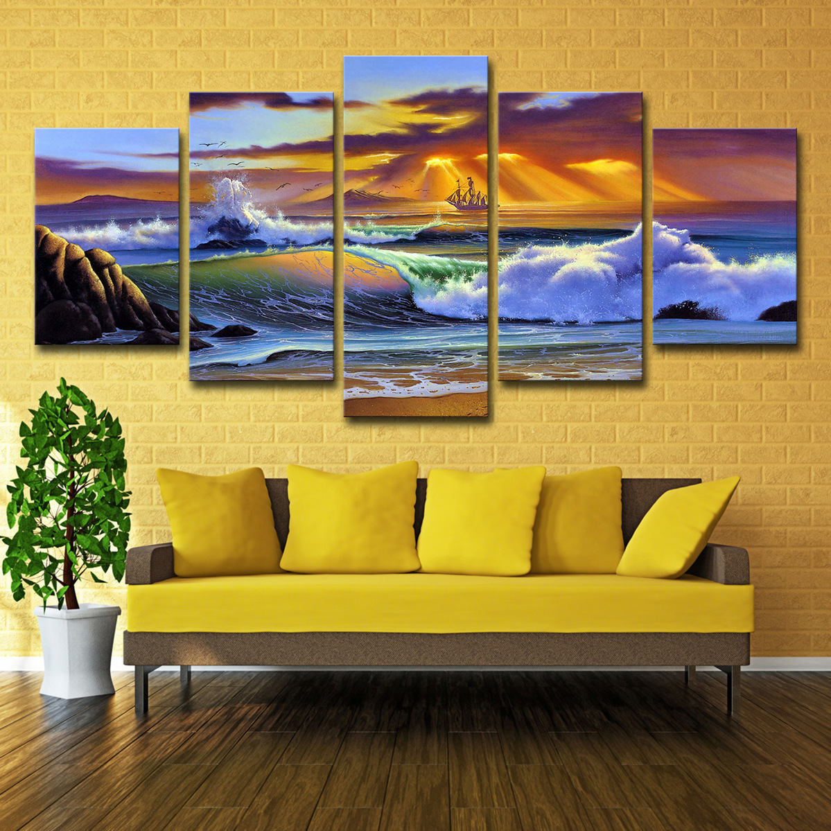 5 Piece Picture Canvas Wall Art,Painting Frameless Canvas Sea view sunset Prints for Living Room, Ready to Hang Only canvas painting, no frame