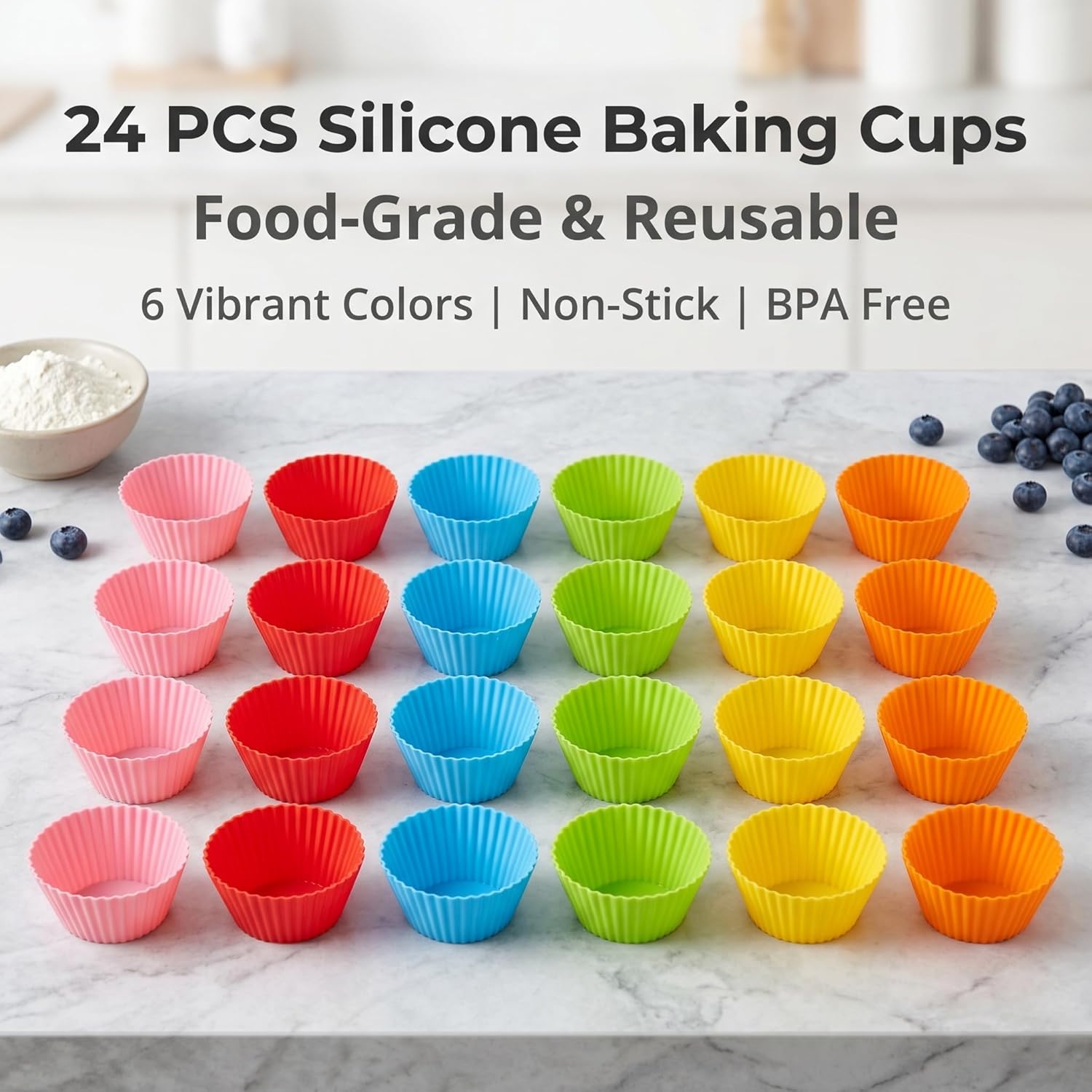 24 Pack Silicone Baking Cups Reusable Muffin Liners Non-Stick Cup Cake Molds Set Cupcake Silicone Liner Standard Size Silicone Cupcake Holder Reusable Cupcake Liners Christmas Gift