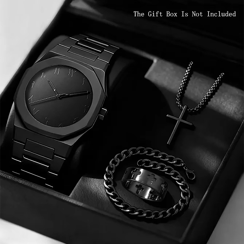4 In 1 Men's Watch Set And Jewelry Set Black Men's Sports Watches For Men And Women Dopamine Quartz Watches Rings Bracelet Necklace Black Cross Necklace Daily Wear Business Leisure Daily Clothing Matc