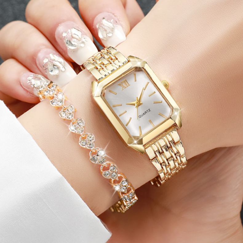 2PCS Fashion Rectangle Women Quartz Watch Rhinestone Bracelet Set Ladies Roma Dial Wristwatch Reloj Mujer Girls Clock Gift