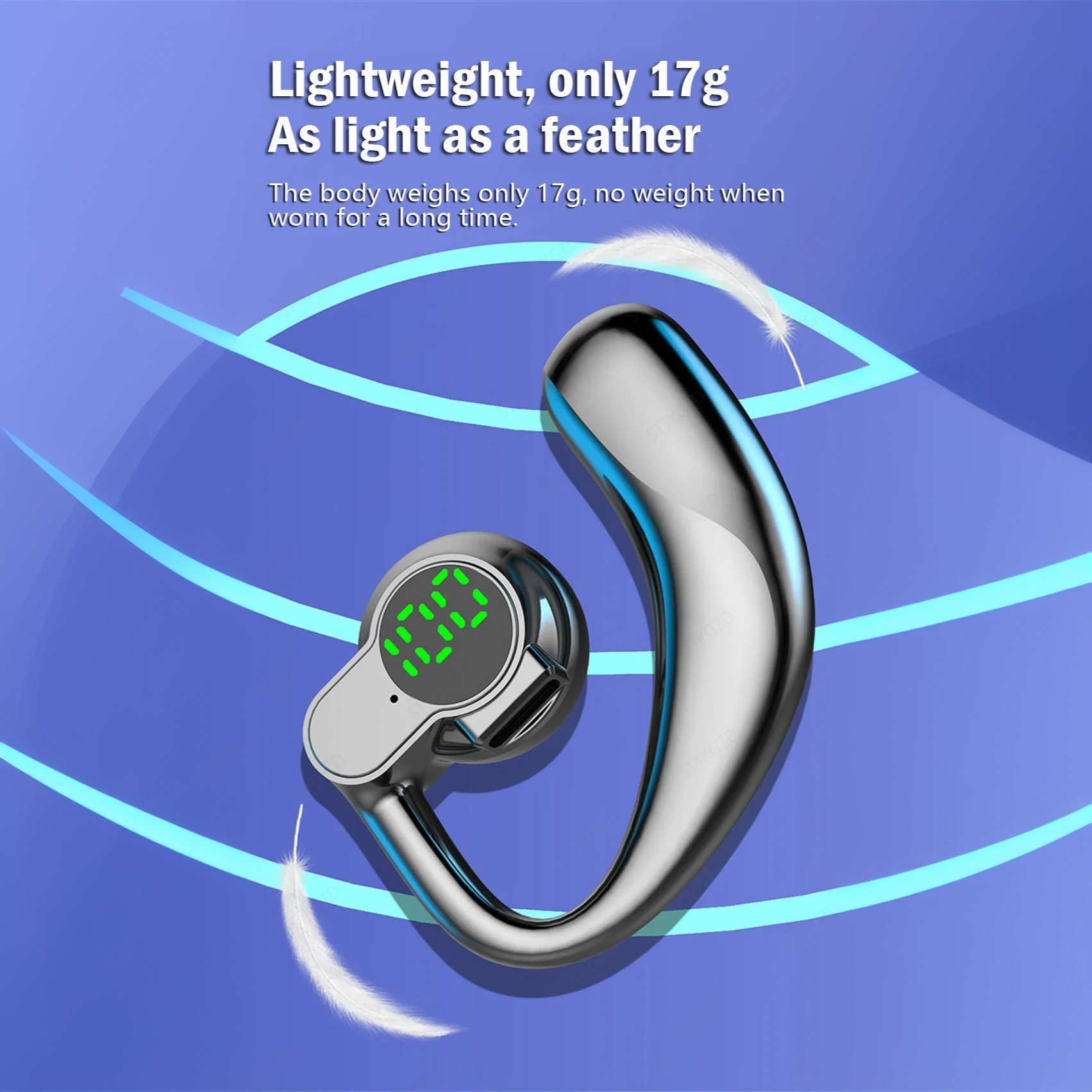 RichRipple 180° Rotatable Left/Right 10H Play Time Wireless  Bluetooth Earphone Digital Display Single Earbud Ultra Long Standby Business Earpods HD Call Headset Outdoor