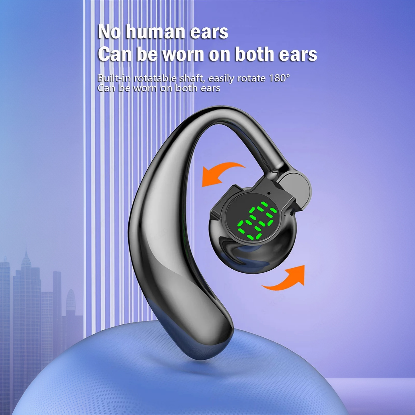 RichRipple 180° Rotatable Left/Right 10H Play Time Wireless  Bluetooth Earphone Digital Display Single Earbud Ultra Long Standby Business Earpods HD Call Headset Outdoor