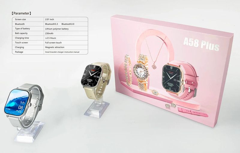 RichRipple A58 Plus Smart Watch 6 in 1 Set of Fine Luxury Gold Bangle and Stone 2.01-Inch Bluetooth Call Mobile Fitness SmartWatch Birthday Gift set for women heart rate sports watch Smartwatches