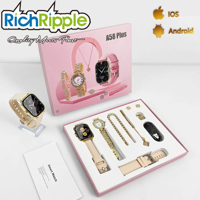 RichRipple A58 Plus Smart Watch 6 in 1 Set of Fine Luxury Gold Bangle and Stone 2.01-Inch Bluetooth Call Mobile Fitness SmartWatch Birthday Gift set for women heart rate sports watch Smartwatches