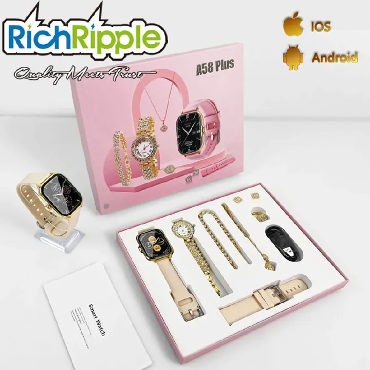 RichRipple A58 Plus Smart Watch 6 in 1 Set of Fine Luxury Gold Bangle and Stone 2.01-Inch Bluetooth Call Mobile Fitness SmartWatch Birthday Gift set for women heart rate sports watch Smartwatches
