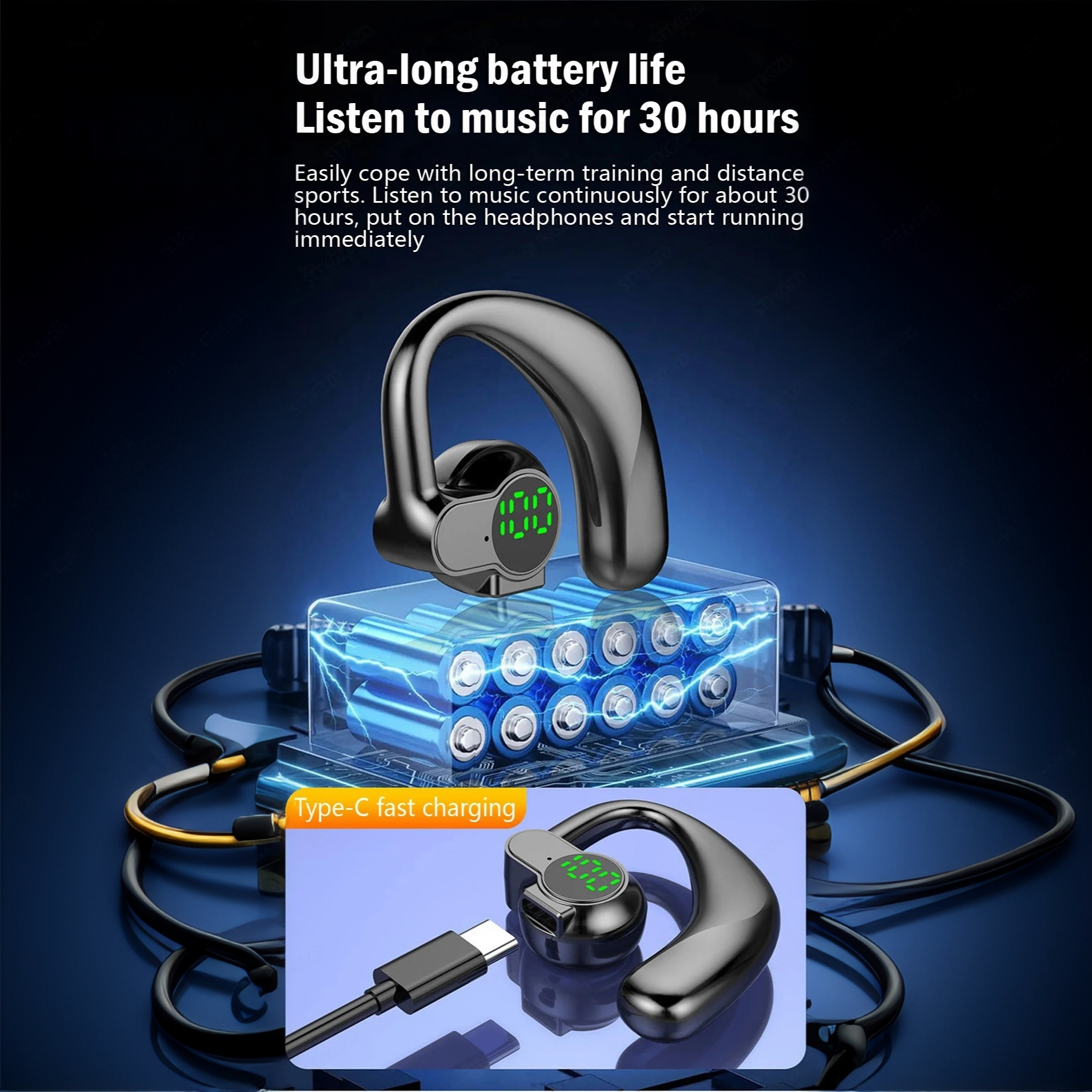 RichRipple 180° Rotatable Left/Right 10H Play Time Wireless  Bluetooth Earphone Digital Display Single Earbud Ultra Long Standby Business Earpods HD Call Headset Outdoor