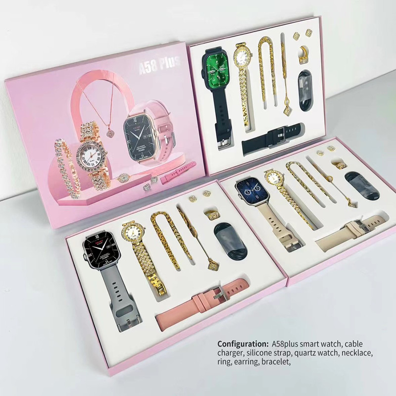RichRipple A58 Plus Smart Watch 6 in 1 Set of Fine Luxury Gold Bangle and Stone 2.01-Inch Bluetooth Call Mobile Fitness SmartWatch Birthday Gift set for women heart rate sports watch Smartwatches