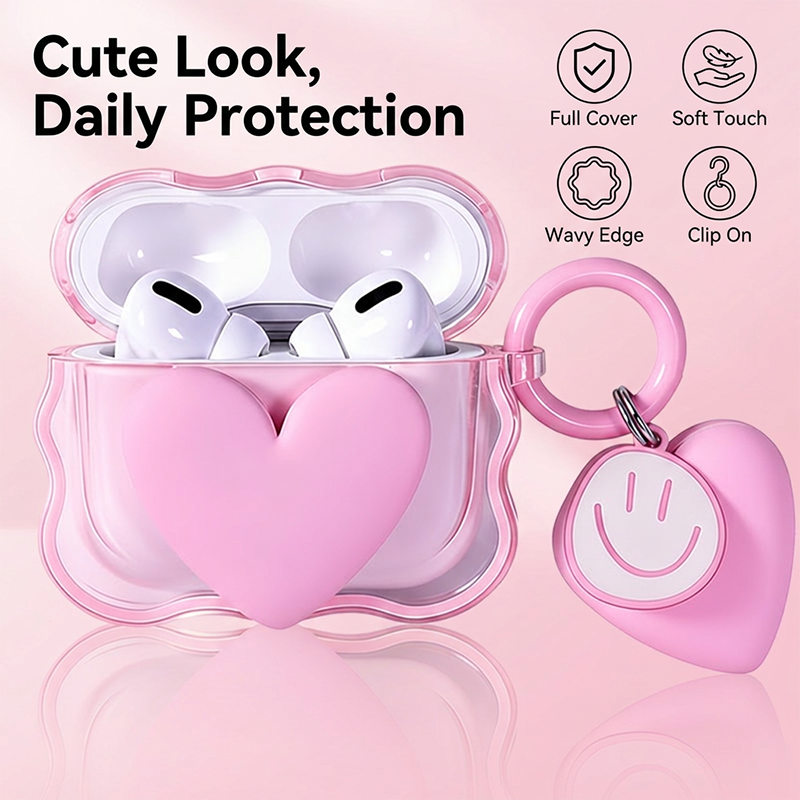 RichRipple Pro 2 Wireless Bluetooth Earbuds Touch Stereo Bass In-Ear Headphones Cute Pink Heart Protective Case Smiley Keychain Pods iPhone Android Girls Gift Earphone Earphones