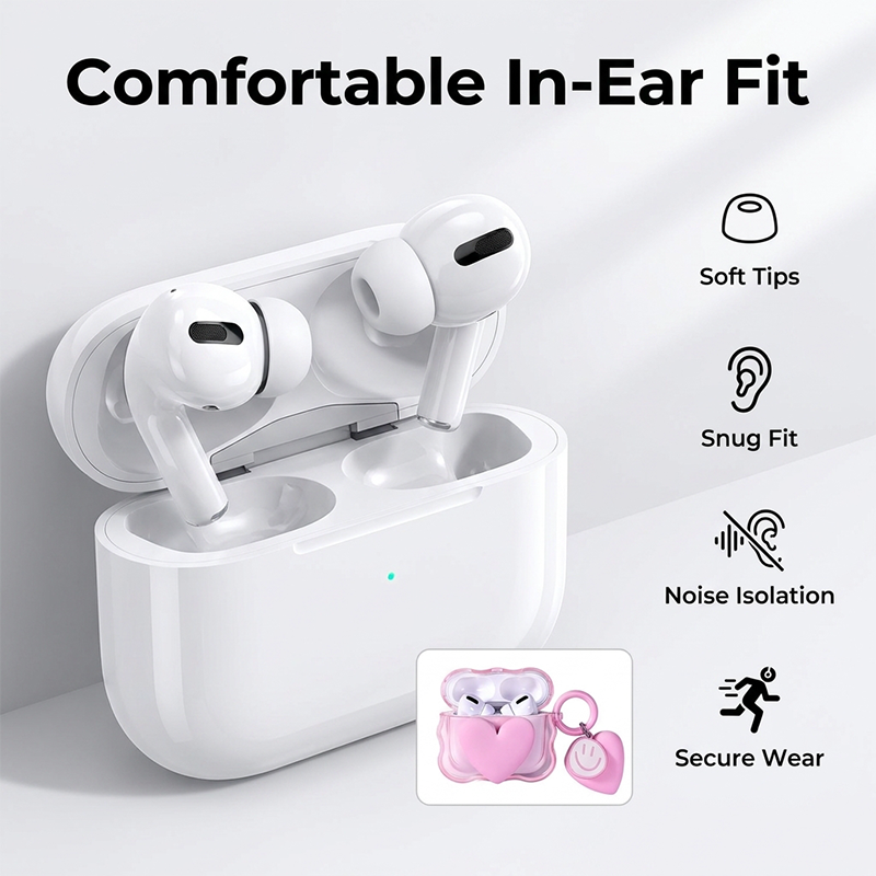 RichRipple Pro 2 Wireless Bluetooth Earbuds Touch Stereo Bass In-Ear Headphones Cute Pink Heart Protective Case Smiley Keychain Pods iPhone Android Girls Gift Earphone Earphones